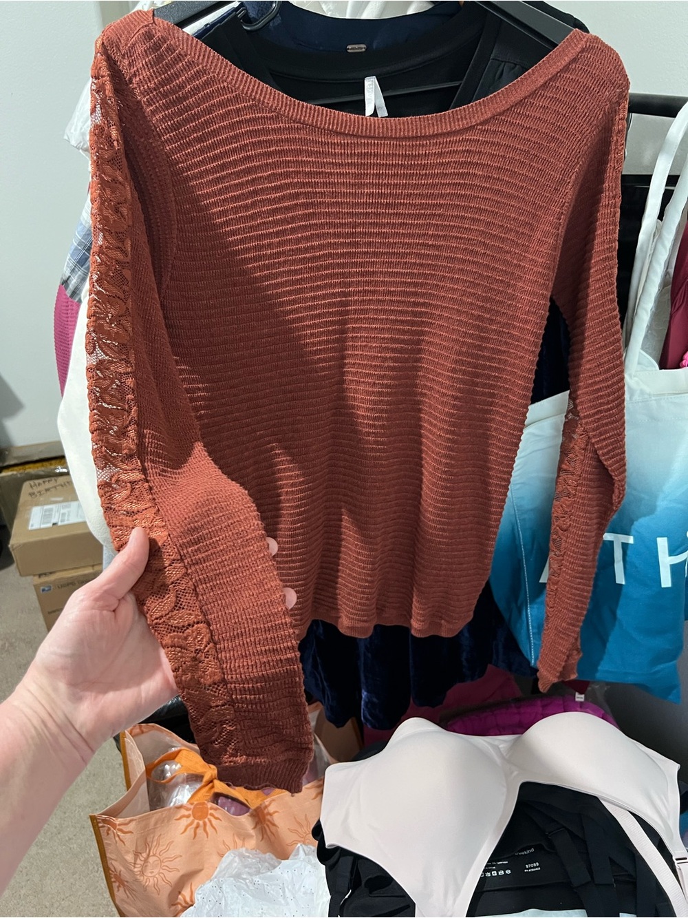 Free People Split - Back Boat Neck Rust /Terracotta Lace-Trim Sweater